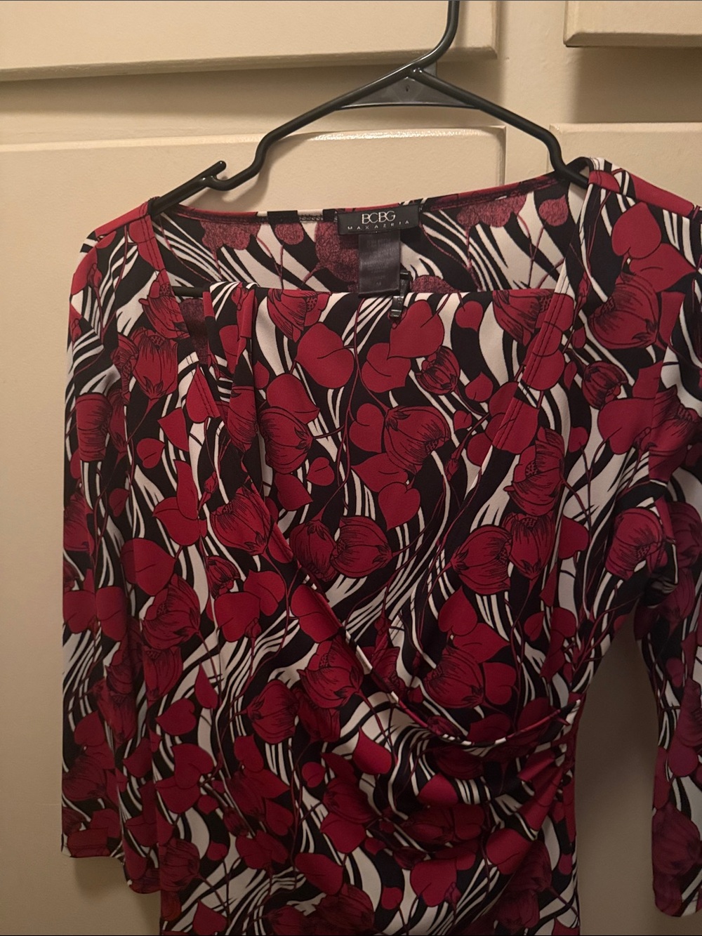 BCBG Floral Print Long-Sleeve top and knee length skirt in Red, Black & White